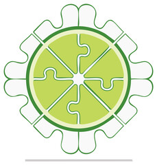 Obraz premium Lime green puzzle pieces form a circular design with organic outline, symbolizing unity and fresh ideas.