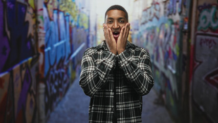 Young black man with hands on cheeks touching face, centered in a narrow graffiti lined street...