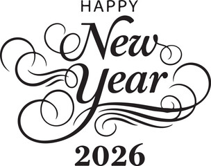 Elegant happy new year 2026 text design silhouette isolated on white background