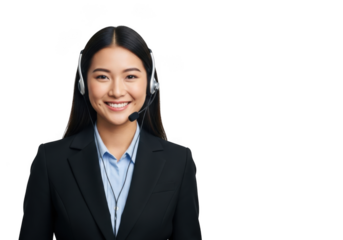 Smiling young asian woman wearing a headset and business attire ready to assist with customer service isolated on transparent background