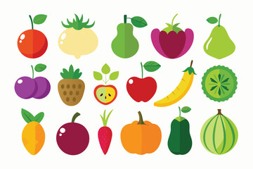 Colorful fruits and vegetable collection features a wide variety of produce in a flat design