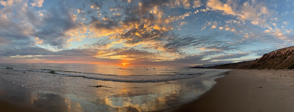 Colorful Sunset Panorama Over Rincon Beach and Pacific Ocean