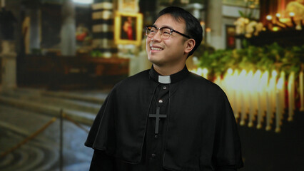 Cleric wearing glasses in a church interior, expressing serenity amidst lit candles and religious...