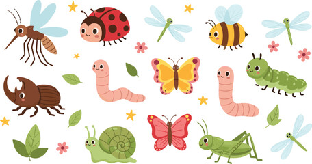 Collection of Cute Cartoon Insects, Bugs, and Worms with Flowers and Leaves, Set Including Butterfly, Ladybug, Snail, Mosquito, and Grasshopper, Kids Design.