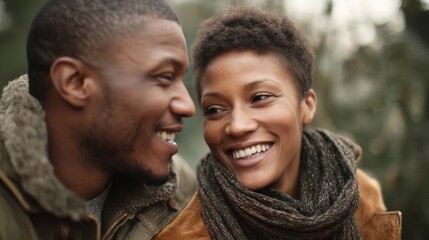Fototapeta premium Two people are smiling and looking at each other in a park on a cool afternoon. The couple is wearing warm clothing and appears to enjoy the moment together in nature.