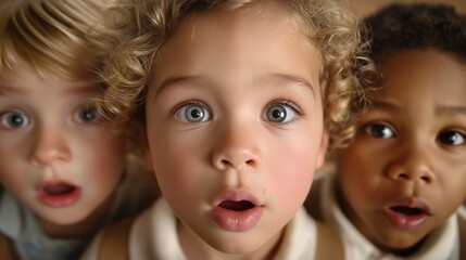 Drei Kinder verschiedener Hautfarben mit gro&szlig;en Augen schauen direkt in die Kamera
