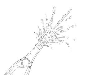 Champagne Bottle Popping with Cork and Splashing Liquid, Celebration Line Art