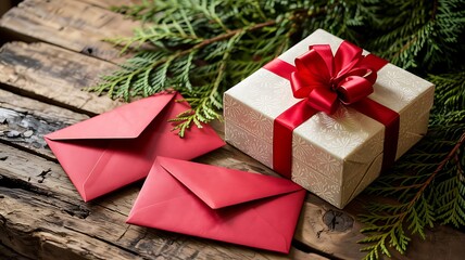 Festive christmas gift box tied with a red ribbon and two red envelopes nestled among evergreen branches on a rustic wooden surface