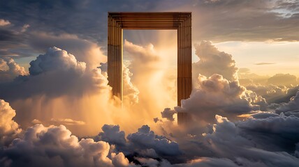 Mysterious wooden doorway opens to a radiant golden light and clouds symbolizing a portal to heaven or a new beginning