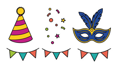 Festive Party and Celebration Icon Set: Carnival Mask, Confetti, Banners, and Party Hat