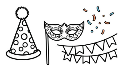 Hand Drawn Champagne and Party Elements Set with Flute, Popping Bottle, Bubbles, and Colorful Balloons