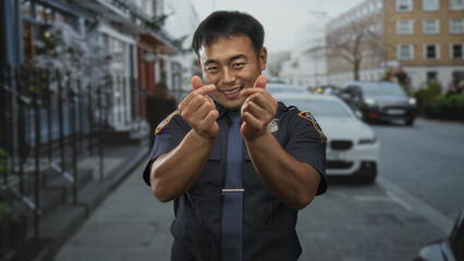 Young chinese policeman makes finger hearts gesture on busy city street; compassion solidarity...