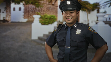 Young chinese policeman with badge smiles and stands with hands on hips in front of historic building; confidence duty security service.