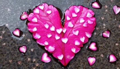 Pink petal heart sitting on a leaf-strewn wet shiny paving stone, photography, romance, beautiful flower, cutest, flower petals, looks cute, dried petals, close-up, stone-heart,