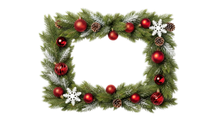Square christmas wreath frame with red ornaments and pinecones transparent background