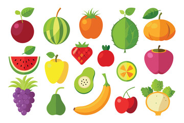 Cartoon fruit collection featuring a variety of vibrant colorful organic produce against a white backdrop