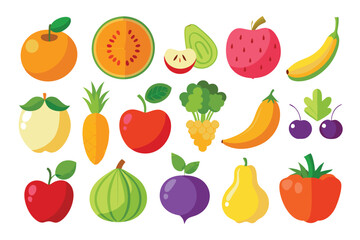 An assortment of diverse, colorful cartoon fruits are neatly arranged on a seamless white surface