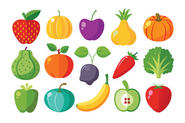 Cartoon fruit and vegetable collection includes apple, banana, carrot, pumpkin and plum icons