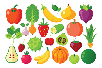Assorted vibrant fruits and vegetables are beautifully arranged together in a delightful flat layout