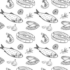 Hand drawn Mediterranean seafood seamless pattern featuring fish, shrimp, mussel, garlic, lemon and olive branch. Drawing ink. Doodle sketch style. Culinary BG ideal for packaging, menu design, 