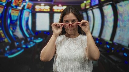 Woman in white blouse adjusts red glasses and cups her face with both hands while standing before slot machines in a casino building; playful luck.