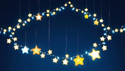 Garland made from a lot of glass transparent balls, inside a balls there are neon golden glowing lights, festive blurred blue background