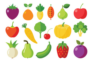 A colorful variety of cartoon fruits and vegetables are neatly arranged on a white background
