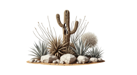 Desert plants and rocks isolated on a transparent background