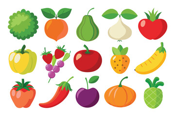 Colorful cartoon fruits and vegetables are arranged against a white background in vibrant style