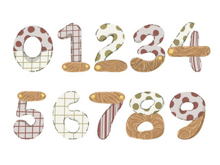 Cute boho alphabet and numbers set with wood texture. Hand drawn vector scandi letters, flowers and baby elements for nursery decor, educational posters, or shower invitations.