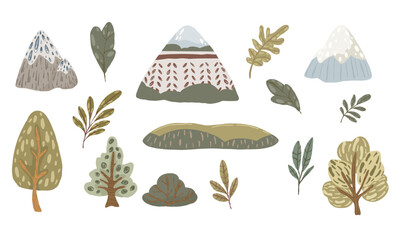 Set of cute boho landscape elements. Isolated hand drawn vector scandi trees, snow-capped mountains, bushes and hills for nursery wall decor, woodland scenes and background creation.
