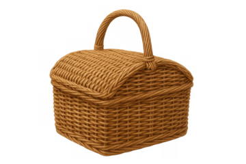 Wicker picnic basket with handle and closing lid, traditional woven container for outdoor meals, isolated