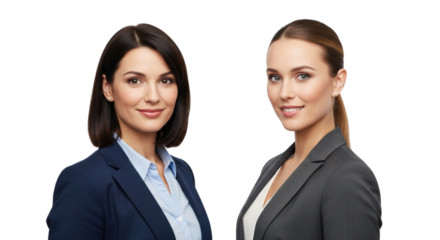 Two smiling professional women in business suits against transparent background.