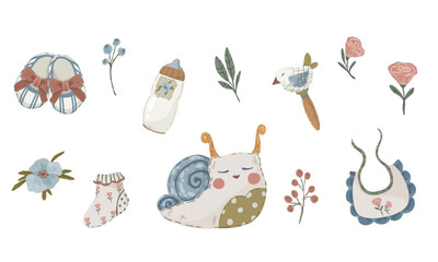 Cute boho baby compositions featuring a snail character, wooden stroller with gifts, balloons and rainbows. Hand drawn vector scandi woodland scenes for nursery posters and shower cards.