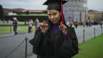 Young latin woman wearing black graduation gown blows kiss at leaning tower of pisa building;...