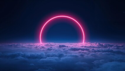 Obraz premium Celestial Glow. A Crimson Circle Above the Clouds, Night Sky Scene, Calm Atmosphere.
