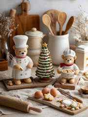 Vertical photo of two cute teddy bear chef figurines baking Christmas cookies in a rustic kitchen. Festive holiday decoration with miniature tree and baking ingredients