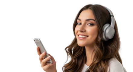 Smiling woman with headphones holds a silver smartphone against transparent background.
