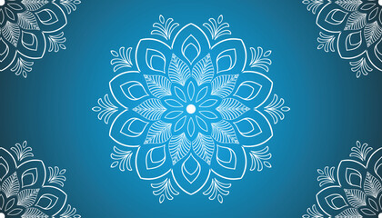 Elegant floral mandala design with intricate white line details on a blue gradient background creating a decorative symmetrical motif