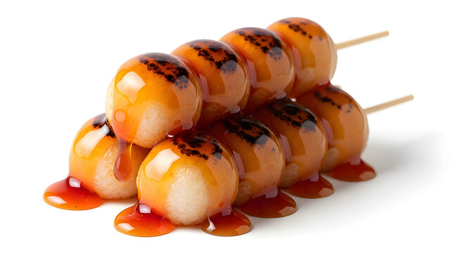 Japanese mitarashi dango skewers with glossy caramel glaze for dessert catalogs and product packaging. Isolated on White background