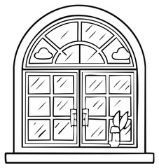 Arched Window Frame with Clouds and Potted Plant Coloring Page Outline