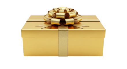Gold rectangular gift box with a large decorative ribbon and bow transparent background.