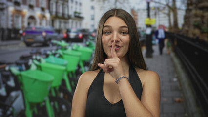 Fototapeta premium Teenage girl finger to lips for silence beside green rental bikes parked on bustling city street; hush calm.