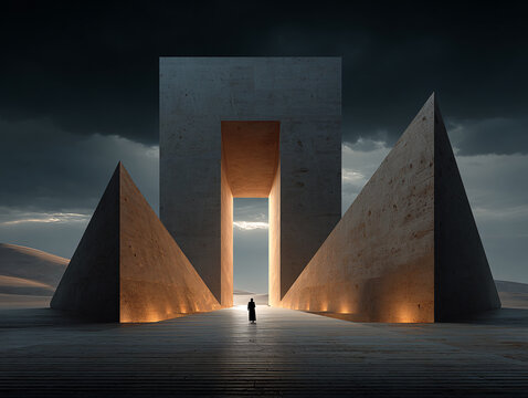outdoor setting with an infinity pool, a large stone archway, and a solitary tree. The scene is illuminated by soft lighting, creating a tranquil atmosphere.