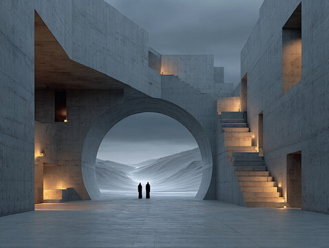 outdoor setting with an infinity pool, a large stone archway, and a solitary tree. The scene is illuminated by soft lighting, creating a tranquil atmosphere.