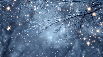 illustration of winter wonderland with frosted branches and twinkling star lights during snowfall