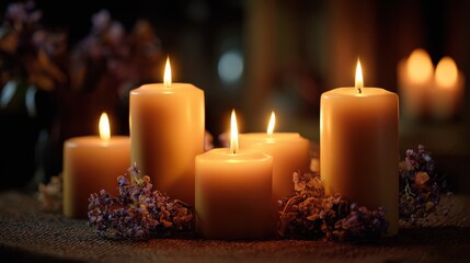 a beautiful arrangement of lit pillar candles creating a warm and cozy ambiance with blurred floral decorations
