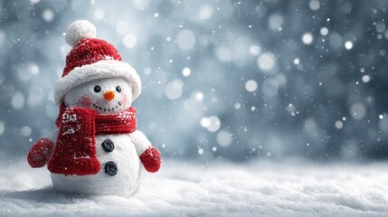 Fototapeta premium festive snowman with red scarf and santa hat in a winter wonderland christmas scene with snowflakes