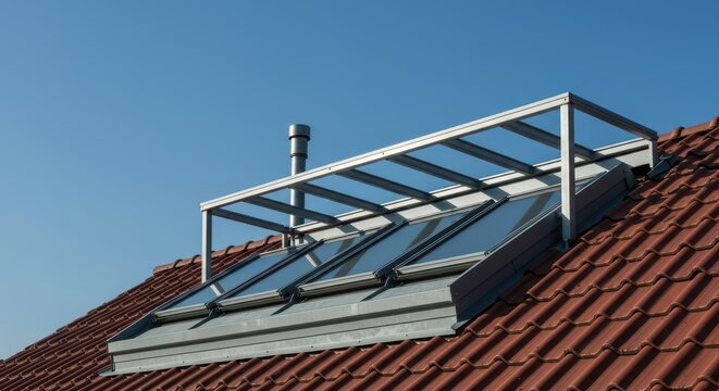 Neu eingedecktes Wohnhausdach mit modernen Metallschindeln, inklusive Scheefang, Regenrinne, Schornstein und verkleideter Schleppgaube ,Neueindeckung ,Modern ,Gl?nzend