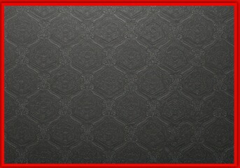 Striking contrast with a vivid red frame surrounding a greyscale image depicting an intricate repeating wallpaper design ,decorative, structure, contrast